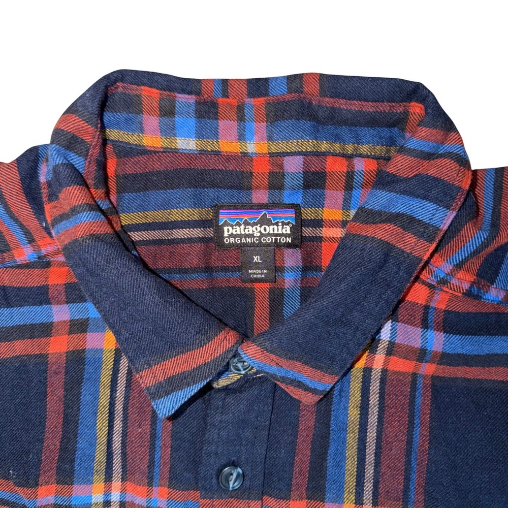 Patagonia Mens XL Fjord Flannel Shirt Organic Cotton Navy Blue Orange Plaid